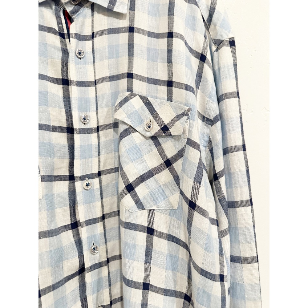 Bugatchi Shaped Fit Blue Plaid Linen Button Down Size XL - Picture 5 of 9